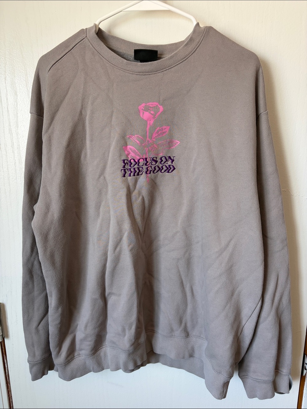 H&M Taupe Crewneck Sweater with Pink Rose Graphic